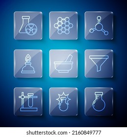 Set line Test tube flask on stand, Chemical explosion, Molecule, Mortar pestle, Alcohol spirit burner, radiation and Funnel filter icon. Vector
