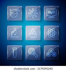 Fijar línea Tubo de ensayo y matraz, Microorganismos bajo lupa, Fórmula química para H2O, Quemador de alcohol, Microscopio e ícono de molécula. Vector