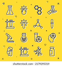 Set line Test tube and flask, Head radiation symbol, Pipette, Chemical formula, explosion, stand,  and Molecule icon. Vector