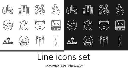Set line Test tube and flask, Monitor with cardiogram, Bacteria, Parasite mite, Man excessive sweating, Lungs, Pet and Medical hospital building icon. Vector