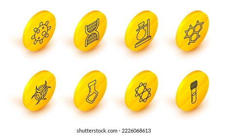 Set line Test tube and flask chemical, Molecule, Biohazard symbol, Chemical formula, on stand, DNA and Bacteria icon. Vector