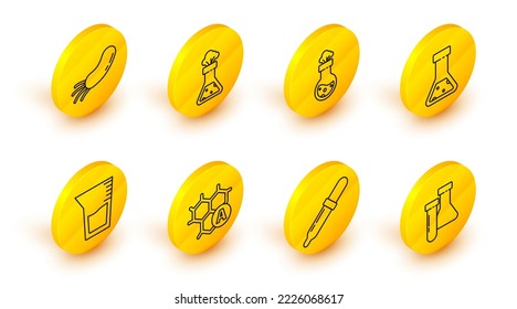 Set line Test tube and flask chemical, Pipette, Chemical formula, Laboratory glassware beaker,  and Bacteria icon. Vector