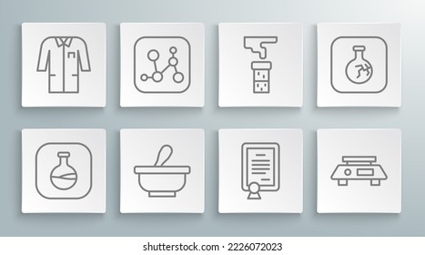 Set line Test tube and flask, Chemical formula, Mortar pestle, Certificate template, Electronic scales, Cracked and Laboratory uniform icon. Vector