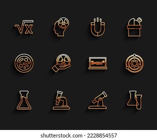 Set line Test tube and flask, Microscope, Square root of x glyph, Telescope, Radioactive, Solar system and Equation solution icon. Vector