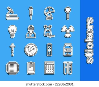 Set line Test tube and flask chemical laboratory, Medicine bottle pills, Radioactive, Pie chart infographic, Assistant, Light bulb with concept of idea, Microscope and Rat icon. Vector