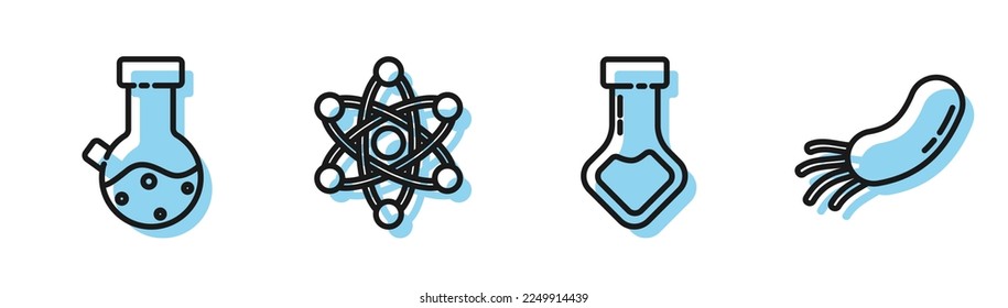 Set line Test tube and flask chemical, Test tube and flask chemical, Atom and Bacteria icon. Vector