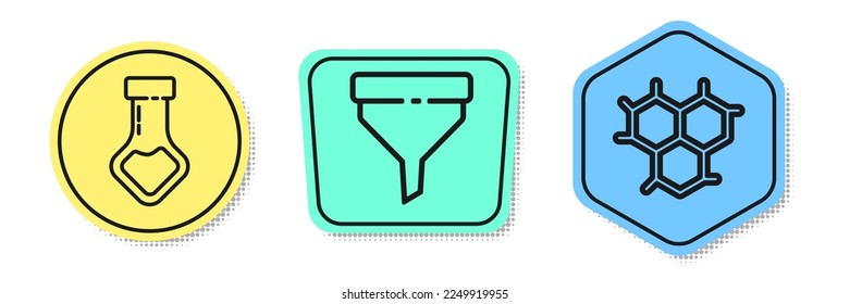 Set line Test tube and flask chemical, Funnel or filter and Chemical formula. Colored shapes. Vector