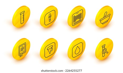 Set line Test tube and flask, Water drop, Funnel or filter, Certificate template, Mortar pestle, Periodic table, Pipette and  icon. Vector