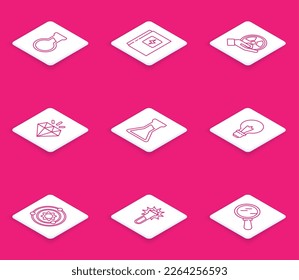 Set-Line-Reagenzglas und -Kolben, Elektrische Platte, Radioaktives, Diamant, Lichtkugel mit Ideenkonzept, Sonnensystem und Icon. Vektorgrafik