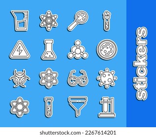 Set line Test tube flask on stand, Bacteria, Microorganisms under magnifier, chemical, High voltage sign, Laboratory glassware beaker and  icon. Vector