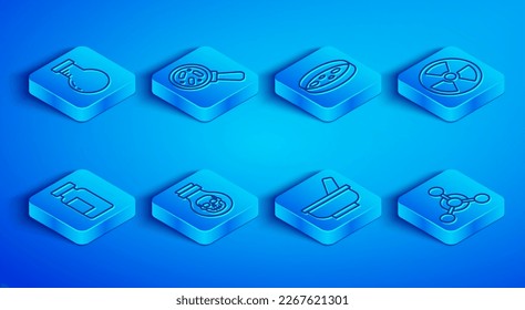 Set line Test tube and flask, Microorganisms under magnifier, Petri dish with bacteria, Poison in bottle, Mortar pestle, Radioactive,  and Molecule icon. Vector