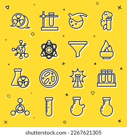 Set line Test tube and flask, Alcohol or spirit burner, Atom, Molecule, Radioactive and Funnel filter icon. Vector