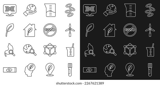 Set line Test tube and flask, Laboratory glassware or beaker, Wind turbine, Eco friendly house, Leaf leaves, DNA symbol and No GMO icon. Vector