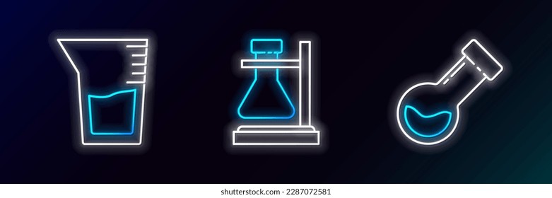 Fijar la línea Tubo de ensayo y la sustancia química del matraz, vidrio de laboratorio o vaso de precipitado y en el icono del soporte. Neón brillante. Vector