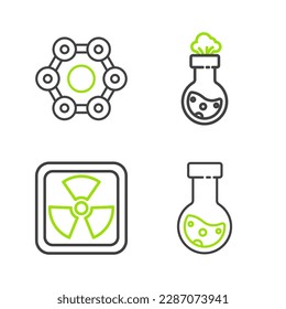 Set line Test tube and flask chemical, Radioactive,  and Chemical formula icon. Vector