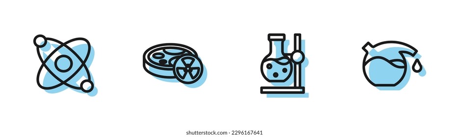 Set line Test tube flask on stand, Atom, with toxic liquid and  icon. Vector
