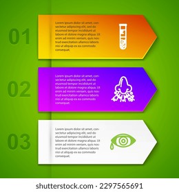 Fijar la línea Tubo de ensayo y matraz, nariz rwandesa, conjuntivitis alérgica ocular rojiza y Mano con psoriasis o eczema. Plantilla de infografía empresarial. Vector