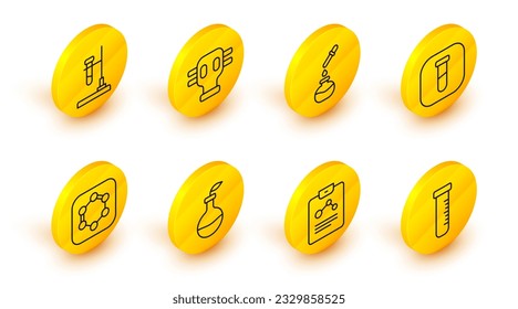 Set line Test tube and flask, Chemistry report, Plant breeding, Formula of benzene rings, Gas mask and on fire icon. Vector