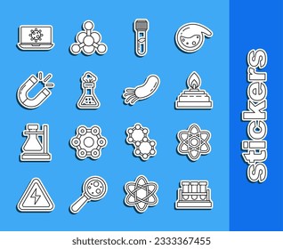 Set line Test tube and flask chemical, Atom, Alcohol or spirit burner, Magnet, Bacteria on laptop and  icon. Vector