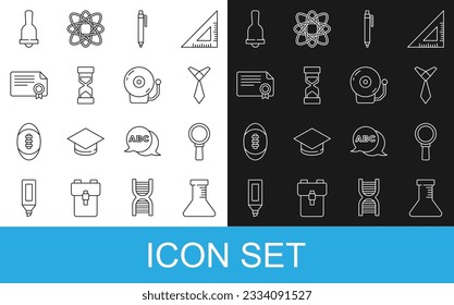 Set line Test tube and flask, Magnifying glass, Tie, Pen, Old hourglass with sand, Certificate template, Ringing bell and alarm icon. Vector