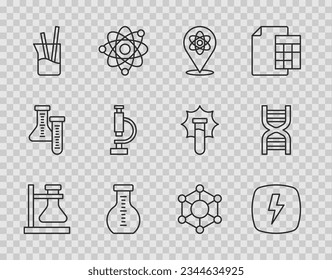 Set line Test tube flask on stand, Lightning bolt, Atom, Laboratory glassware, Microscope, Molecule and DNA symbol icon. Vector