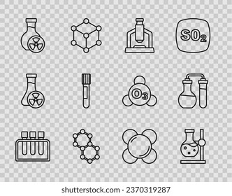 Set line Test tube, flask on stand, Microscope, Molecule, with toxic liquid,  and  icon. Vector