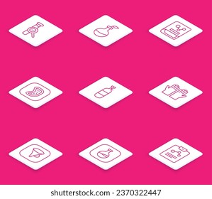 Set line Test tube and flask, Plant breeding, Chemistry book, Bacteria, Propane gas tank, Medical rubber gloves, Funnel or filter and  icon. Vector