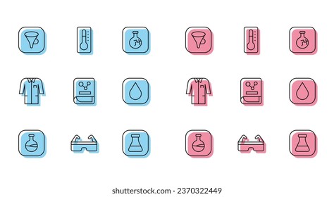 Set line Test tube and flask, Safety goggle glasses, Funnel or filter, Chemistry book, Water drop, Laboratory uniform and Medical thermometer icon. Vector