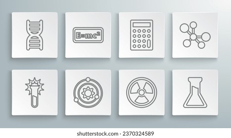 Set line Test tube and flask, Equation solution, Solar system, Radioactive, Calculator, Molecule and DNA symbol icon. Vector