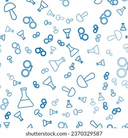 Set line Test tube and flask, Psilocybin mushroom and Handcuffs on seamless pattern. Vector