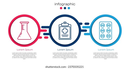 Set line Test tube and flask, Medical clipboard with clinical record and Pills in blister pack. Business infographic template. Vector
