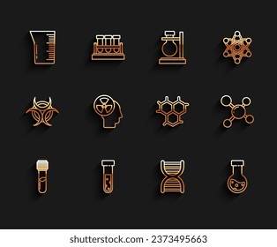 Set line Test tube and flask chemical, Laboratory glassware or beaker, DNA symbol, Human head radiation, Molecule and Chemical formula icon. Vector