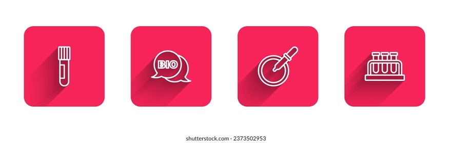 Fijar la línea Tubo de ensayo y matraz, comida bio sana, plato de Petri con pipeta y con sombra larga. Botón cuadrado rojo. Vector
