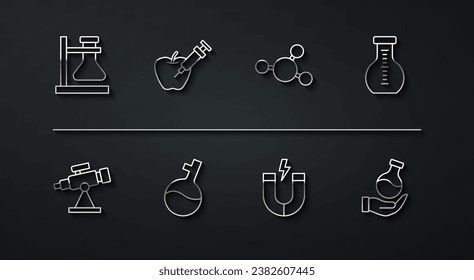 Set line Test tube flask on stand, Telescope, Magnet, Genetically modified apple,  and Molecule icon. Vector