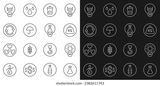 Set line Test tube and flask, No direct sunlight, Weight, Trash can, Delivery package with umbrella, Recycle symbol, Delicate wash and  icon. Vector