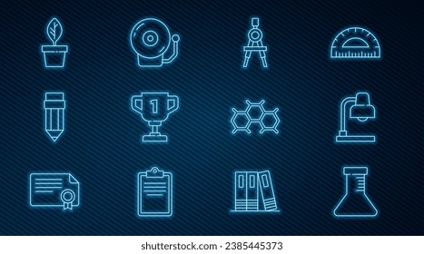 Set line Test tube and flask, Table lamp, Drawing compass, Award cup, Pencil with eraser, Plant pot, Chemical formula and Ringing alarm bell icon. Vector