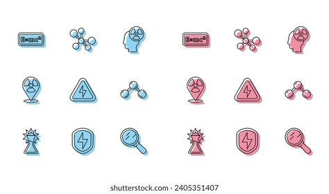 Set line Test tube and flask, Secure shield with lightning, Equation solution, Magnifying glass, High voltage, Molecule, Radioactive location and  icon. Vector