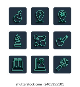 Set line Test tube, flask on stand, Microorganisms under magnifier, Atom, Molecule, Alcohol spirit burner,  and Genetically modified apple icon. Vector