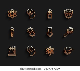 Set line Test tube flask on stand, Head electric symbol, Atom, chemical, Molecule, Microorganisms under magnifier and  icon. Vector
