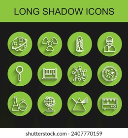 Set line Test tube and flask chemical laboratory, Earth globe, Planet, Light rays in prism, Electrical measuring instruments, Pendulum, Bacteria and  icon. Vector