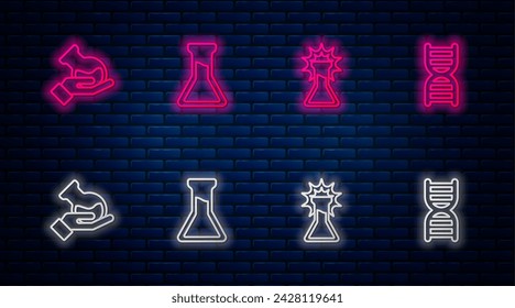 Set line Test tube and flask, ,  and DNA symbol. Glowing neon icon on brick wall. Vector