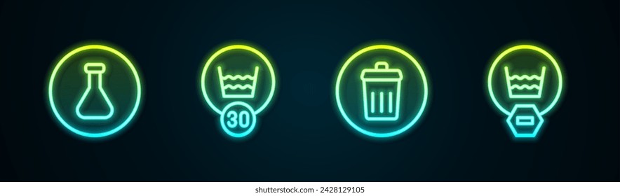 Set line Test tube and flask, Temperature wash, Trash can and Delicate. Glowing neon icon. Vector