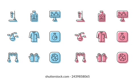 Set line Test tube and flask, Medical rubber gloves, on fire, Salt stone, Laboratory uniform, Cracked,  and Poison in bottle icon. Vector