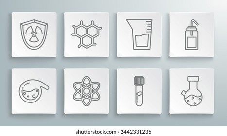 Set line Test tube and flask chemical, Chemical formula, Atom, Laboratory glassware beaker, wash bottle and Radioactive in shield icon. Vector