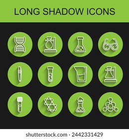 Set line Test tube and flask chemical, Molecule, DNA symbol, Bacteria, on stand and Laboratory glassware or beaker icon. Vector