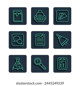 Set line Test tube and flask, Unknown search, Exam sheet with check mark, Paper airplane, Dossier folder, Speech bubble chat, Book and Ringing bell icon. Vector