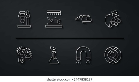 Set line Test tube flask on stand, Virus, Biological structure, Magnet, Plant breeding, Automatic irrigation sprinklers, DNA symbol and Experimental mouse icon. Vector