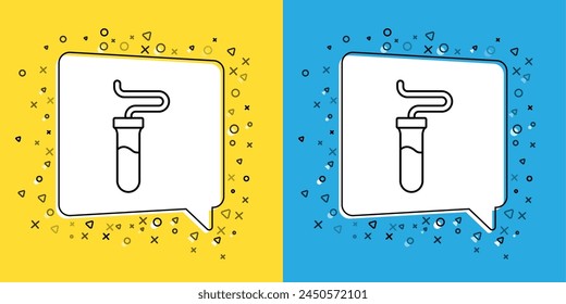 Icono de prueba de laboratorio químico del tubo de ensayo y del matraz aislados en fondo amarillo y azul. Señal de cristalería de laboratorio.  Vector