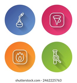Set line Test tube and flask, Funnel or filter, Fire flame and . Color circle button. Vector