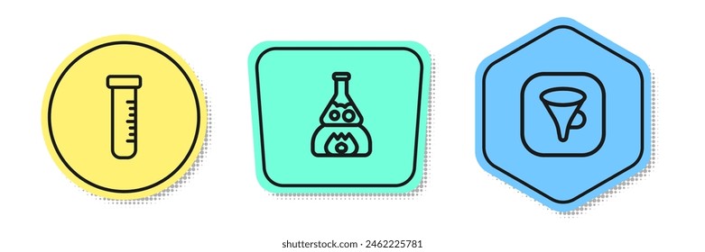 Set line Test tube and flask, on fire and Funnel or filter. Colored shapes. Vector